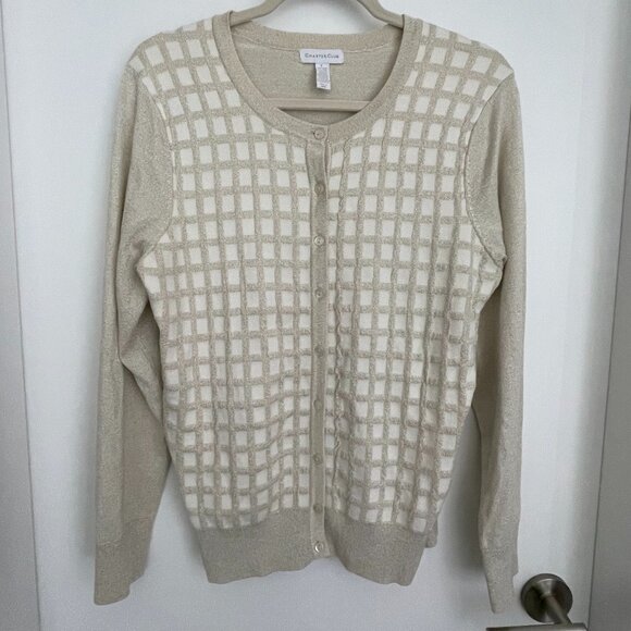 Button Down Cardigan Sweater Long Sleeves Sparkly Gold Charter Club L - Picture 1 of 4